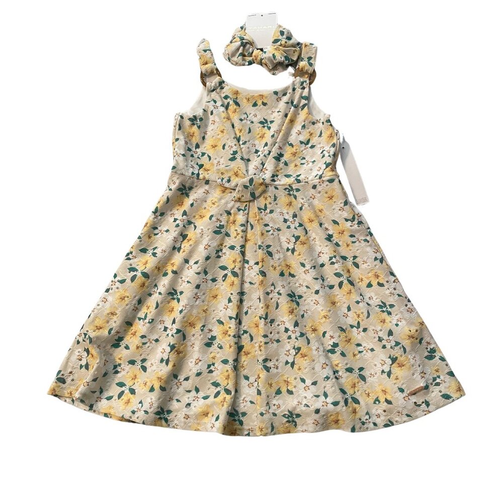 Tahari Girls 6 Yellow, Green & Beige Floral Sleeveless Eyelet Dress & Headband